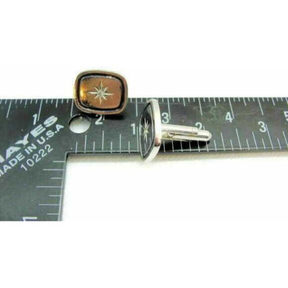 Men Vintage Cufflinks Rectangle Black Enamel Star Center Bullet Silver To - Picture 3 of 12